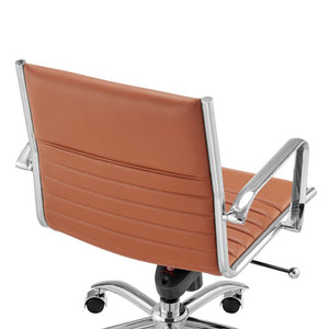 EuroStyle Dirk Low Back Leatherette Swivel Chair with Bungee Support and Chromed Steel Base Dark Caramel 23 D x 24 W x 37 H 50002-DKCRML