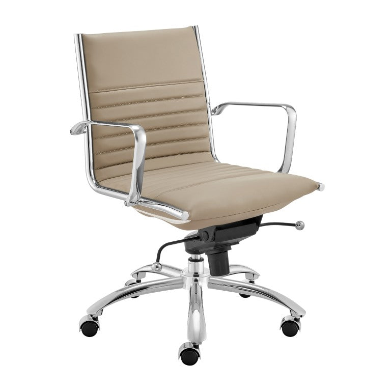 EuroStyle Dirk Low Back Leatherette Swivel Chair with Bungee Support and Chromed Steel Base Taupe 23 D x 24 W x 37 H 50002-TPE