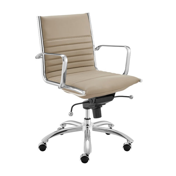 EuroStyle Dirk Low Back Leatherette Swivel Chair with Bungee Support and Chromed Steel Base Taupe 23 D x 24 W x 37 H 50002-TPE