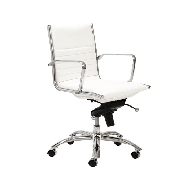 EuroStyle Dirk Low Back Leatherette Swivel Chair with Bungee Support and Chromed Steel Base White 23 D x 24 W x 37 H 50002-WHT