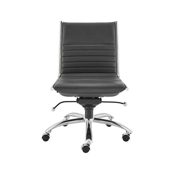 EuroStyle Dirk Armless Leatherette Office Chair with Sculpted Shell and Chromed Steel Swivel Base Black 50006-BLK