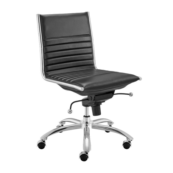 EuroStyle Dirk Armless Leatherette Office Chair with Sculpted Shell and Chromed Steel Swivel Base Black 50006-BLK