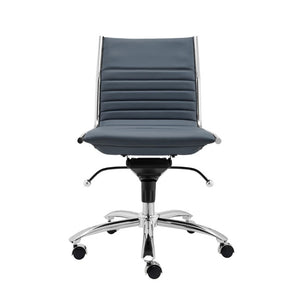EuroStyle Dirk Armless Leatherette Office Chair with Sculpted Shell and Chromed Steel Swivel Base Blue 50006-BLU