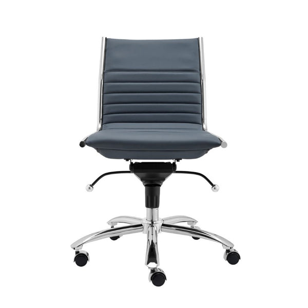 EuroStyle Dirk Armless Leatherette Office Chair with Sculpted Shell and Chromed Steel Swivel Base Blue 50006-BLU