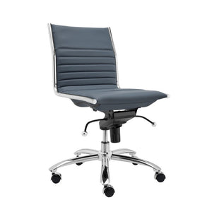 EuroStyle Dirk Armless Leatherette Office Chair with Sculpted Shell and Chromed Steel Swivel Base Blue 50006-BLU