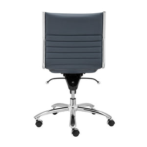 EuroStyle Dirk Armless Leatherette Office Chair with Sculpted Shell and Chromed Steel Swivel Base Blue 50006-BLU
