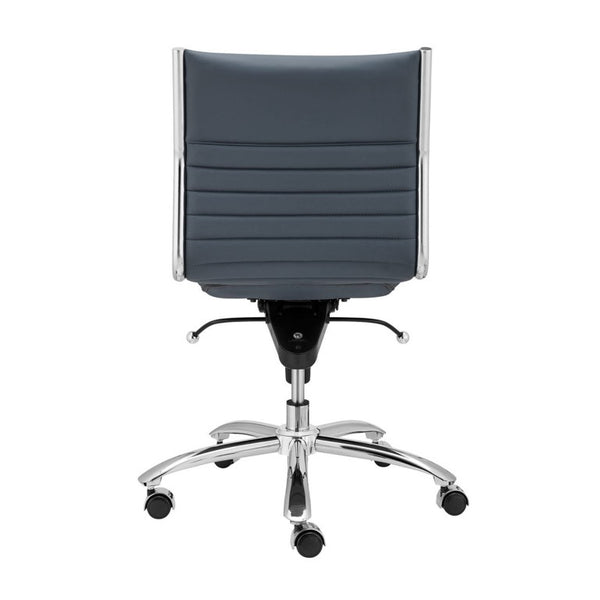 EuroStyle Dirk Armless Leatherette Office Chair with Sculpted Shell and Chromed Steel Swivel Base Blue 50006-BLU