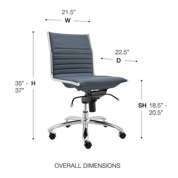 EuroStyle Dirk Armless Leatherette Office Chair with Sculpted Shell and Chromed Steel Swivel Base Blue 50006-BLU