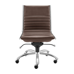EuroStyle Dirk Armless Leatherette Office Chair with Sculpted Shell and Chromed Steel Swivel Base Brown 50006-BRN