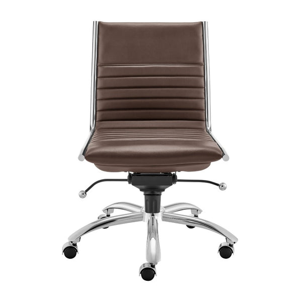 EuroStyle Dirk Armless Leatherette Office Chair with Sculpted Shell and Chromed Steel Swivel Base Brown 50006-BRN