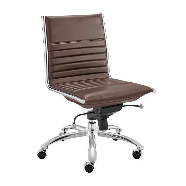 EuroStyle Dirk Armless Leatherette Office Chair with Sculpted Shell and Chromed Steel Swivel Base Brown 50006-BRN
