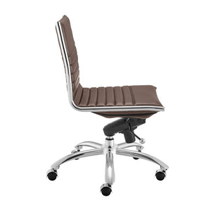 EuroStyle Dirk Armless Leatherette Office Chair with Sculpted Shell and Chromed Steel Swivel Base Brown 50006-BRN