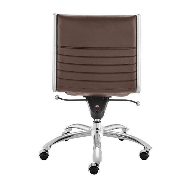 EuroStyle Dirk Armless Leatherette Office Chair with Sculpted Shell and Chromed Steel Swivel Base Brown 50006-BRN
