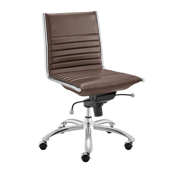 EuroStyle Dirk Armless Leatherette Office Chair with Sculpted Shell and Chromed Steel Swivel Base Brown 50006-BRN