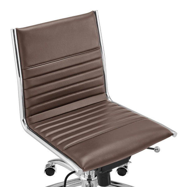 EuroStyle Dirk Armless Leatherette Office Chair with Sculpted Shell and Chromed Steel Swivel Base Brown 50006-BRN