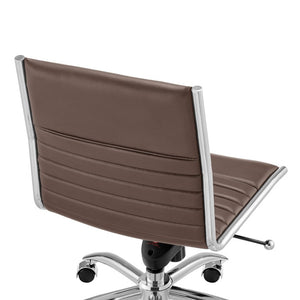 EuroStyle Dirk Armless Leatherette Office Chair with Sculpted Shell and Chromed Steel Swivel Base Brown 50006-BRN