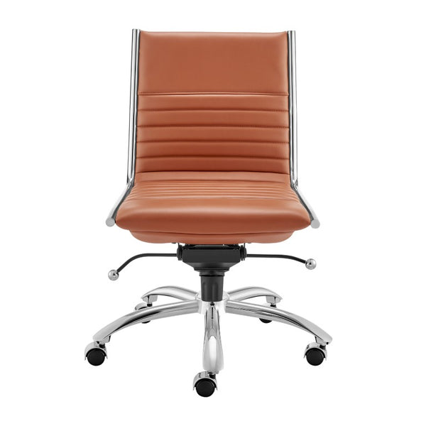 EuroStyle Dirk Armless Leatherette Office Chair with Sculpted Shell and Chromed Steel Swivel Base Dark Caramel 50006-DKCRML