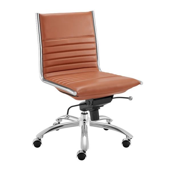 EuroStyle Dirk Armless Leatherette Office Chair with Sculpted Shell and Chromed Steel Swivel Base Dark Caramel 50006-DKCRML