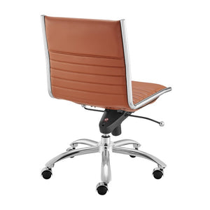EuroStyle Dirk Armless Leatherette Office Chair with Sculpted Shell and Chromed Steel Swivel Base Dark Caramel 50006-DKCRML
