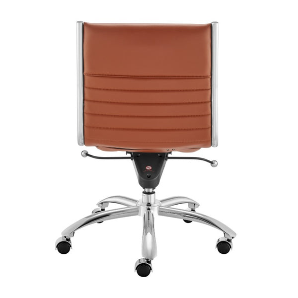EuroStyle Dirk Armless Leatherette Office Chair with Sculpted Shell and Chromed Steel Swivel Base Dark Caramel 50006-DKCRML