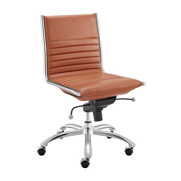 EuroStyle Dirk Armless Leatherette Office Chair with Sculpted Shell and Chromed Steel Swivel Base Dark Caramel 50006-DKCRML