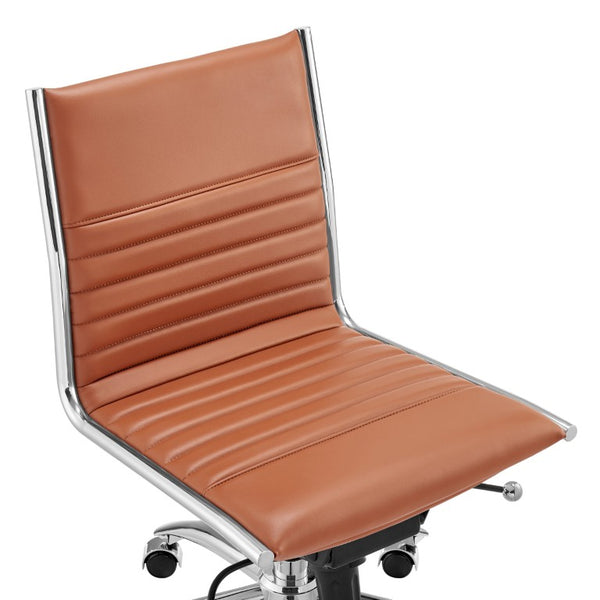 EuroStyle Dirk Armless Leatherette Office Chair with Sculpted Shell and Chromed Steel Swivel Base Dark Caramel 50006-DKCRML