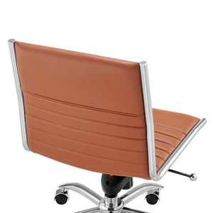 EuroStyle Dirk Armless Leatherette Office Chair with Sculpted Shell and Chromed Steel Swivel Base Dark Caramel 50006-DKCRML