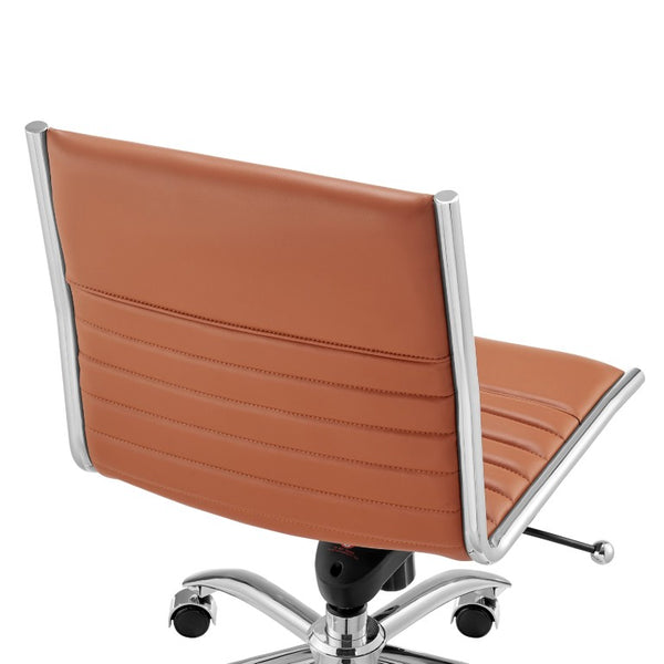 EuroStyle Dirk Armless Leatherette Office Chair with Sculpted Shell and Chromed Steel Swivel Base Dark Caramel 50006-DKCRML