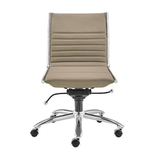 EuroStyle Dirk Armless Leatherette Office Chair with Sculpted Shell and Chromed Steel Swivel Base Taupe 50006-TPE