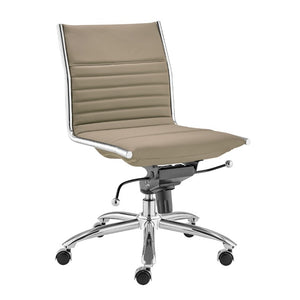 EuroStyle Dirk Armless Leatherette Office Chair with Sculpted Shell and Chromed Steel Swivel Base Taupe 50006-TPE