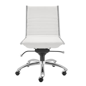EuroStyle Dirk Armless Leatherette Office Chair with Sculpted Shell and Chromed Steel Swivel Base White 50006-WHT