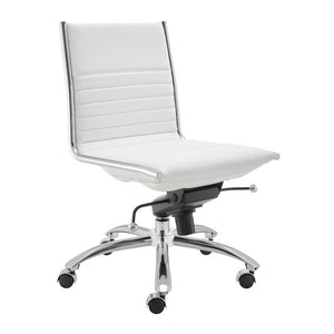 EuroStyle Dirk Armless Leatherette Office Chair with Sculpted Shell and Chromed Steel Swivel Base White 50006-WHT