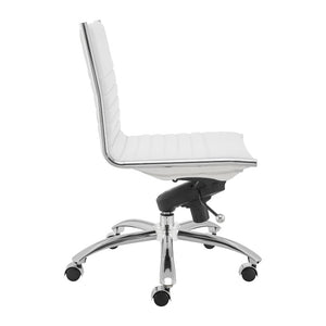EuroStyle Dirk Armless Leatherette Office Chair with Sculpted Shell and Chromed Steel Swivel Base White 50006-WHT