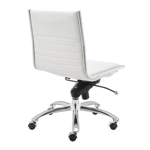 EuroStyle Dirk Armless Leatherette Office Chair with Sculpted Shell and Chromed Steel Swivel Base White 50006-WHT