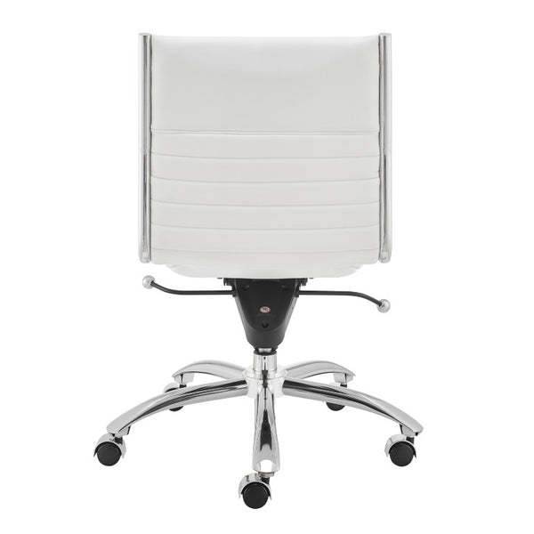 EuroStyle Dirk Armless Leatherette Office Chair with Sculpted Shell and Chromed Steel Swivel Base White 50006-WHT