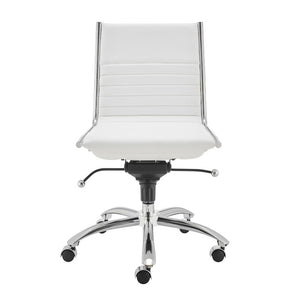 EuroStyle Dirk Armless Leatherette Office Chair with Sculpted Shell and Chromed Steel Swivel Base White 50006-WHT