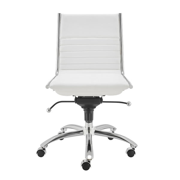 EuroStyle Dirk Armless Leatherette Office Chair with Sculpted Shell and Chromed Steel Swivel Base White 50006-WHT