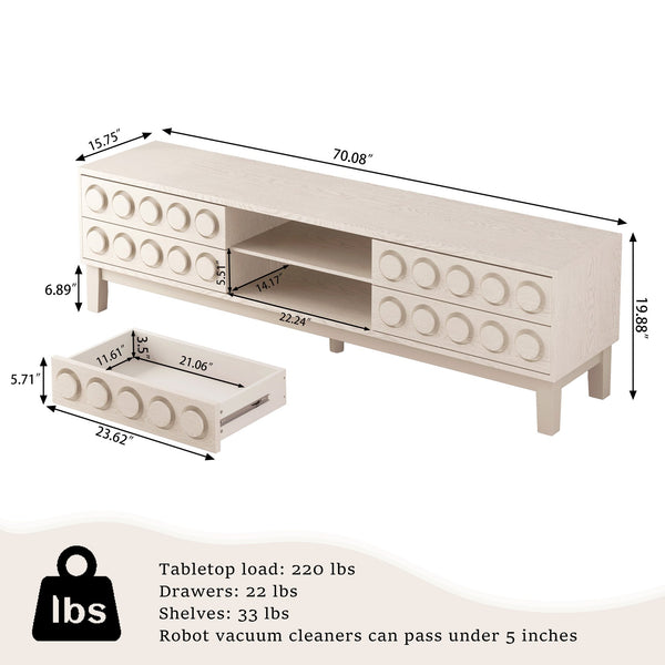 English Elm Modern Mid-Century Media Console with 4 Drawers and Concealed Cable Management, Stylish TV Stand Up to 75" White W757P305595
