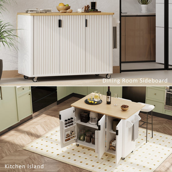 English Elm K&K 51" Fluted Kitchen Island with Waveform Panels, Drop Leaf, Rolling Cart with Towel Rack and Storage White N707P221446W