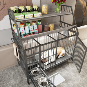 English Elm Large Pet Cage with Iron Frame Mdf Panels Storage Rack and Steel Feeding Basins Black,Gray+Charcoal W3064P245387