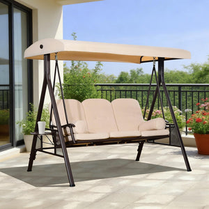 English Elm 3-seat Freestanding Outdoor Porch Swing with Canopy Tufted Cushions and Side Trays T3971S00090