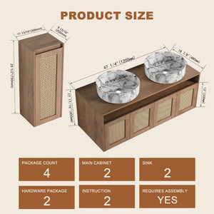 English Elm 48" Floating Bathroom Vanity Dual Ceramic Vessel Sinks Oak Finish Soft Close Doors W999S00500