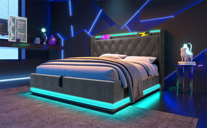 English Elm King Upholstered Bed with Surround LED, App/Remote Control, Hydraulic Storage, USB Type-C Charging Gray N736P188808G
