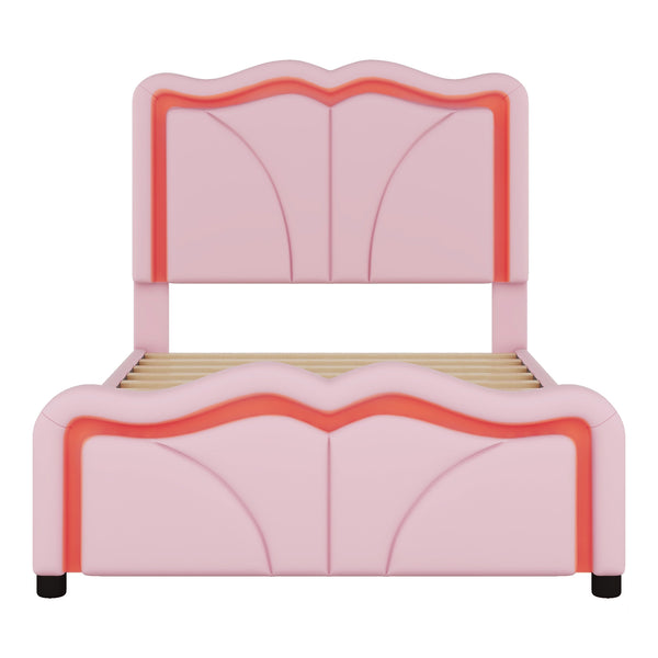 English Elm Twin Upholstered Platform Bed with Curved Headboard, Adjustable Heights, Sturdy Pine Frame, LED Accent Lights Pink WF323748AAH