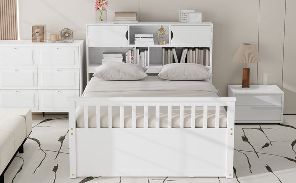 English Elm Full Size Captain Platform Bed Frame With Bookcase Headboard, Storage Drawers & White Finish N7090000473K