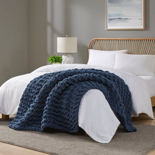 Madison Park Chenille Chunky Knit Casual Throw MP50-8238 Navy Blue