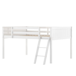 English Elm Full Low Loft Bed Pine Wood with Ladder & Guardrails, Space-Saving Play Area, Secure 350lb Capacity White WF531952AAK
