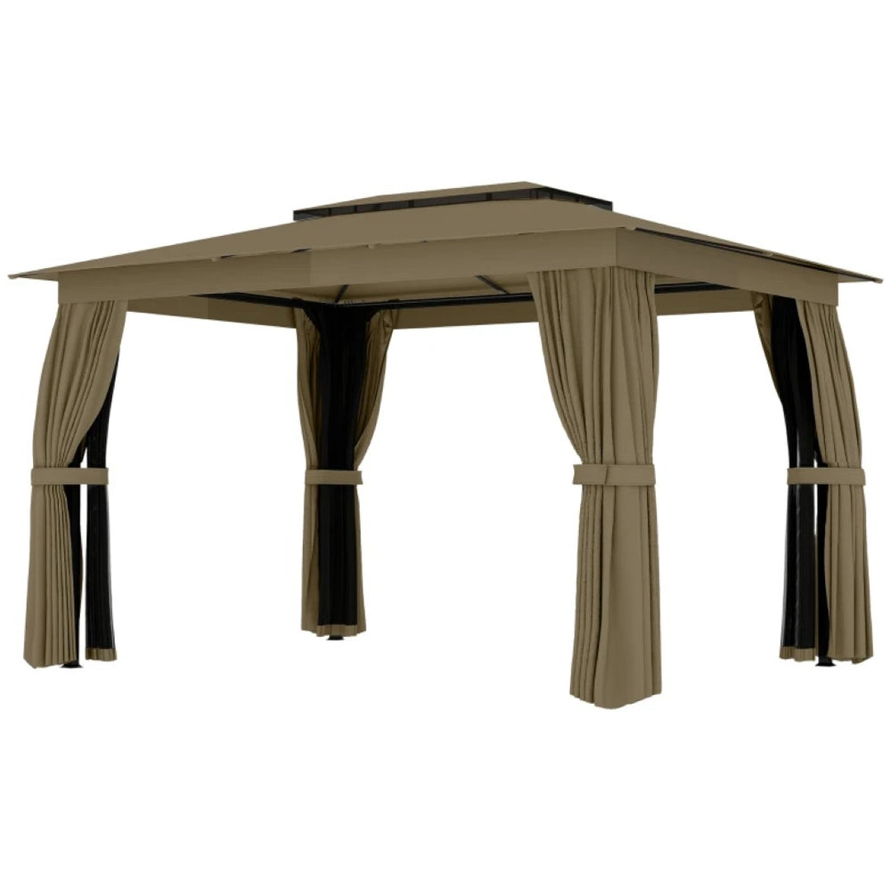 English Elm Double-roof Steel Gazebo with Upf Canopy Curtains and Mesh Panels for Outdoor Privacy Black,Dark Gray,Khaki T3971P459103