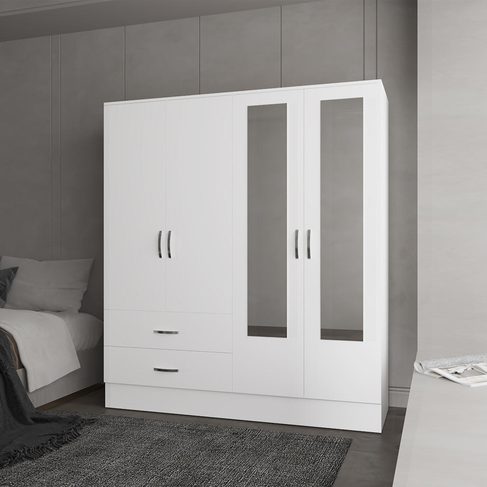 English Elm Armoire Ron White Mirrored Double Door Wardrobe with Drawers, Rods & Shelves – Space-Saving Quality B092S00295