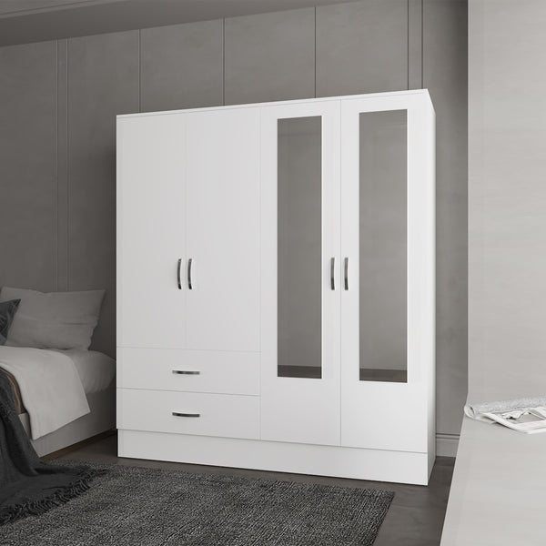 English Elm Armoire Ron White Mirrored Double Door Wardrobe with Drawers, Rods & Shelves – Space-Saving Quality B092S00295